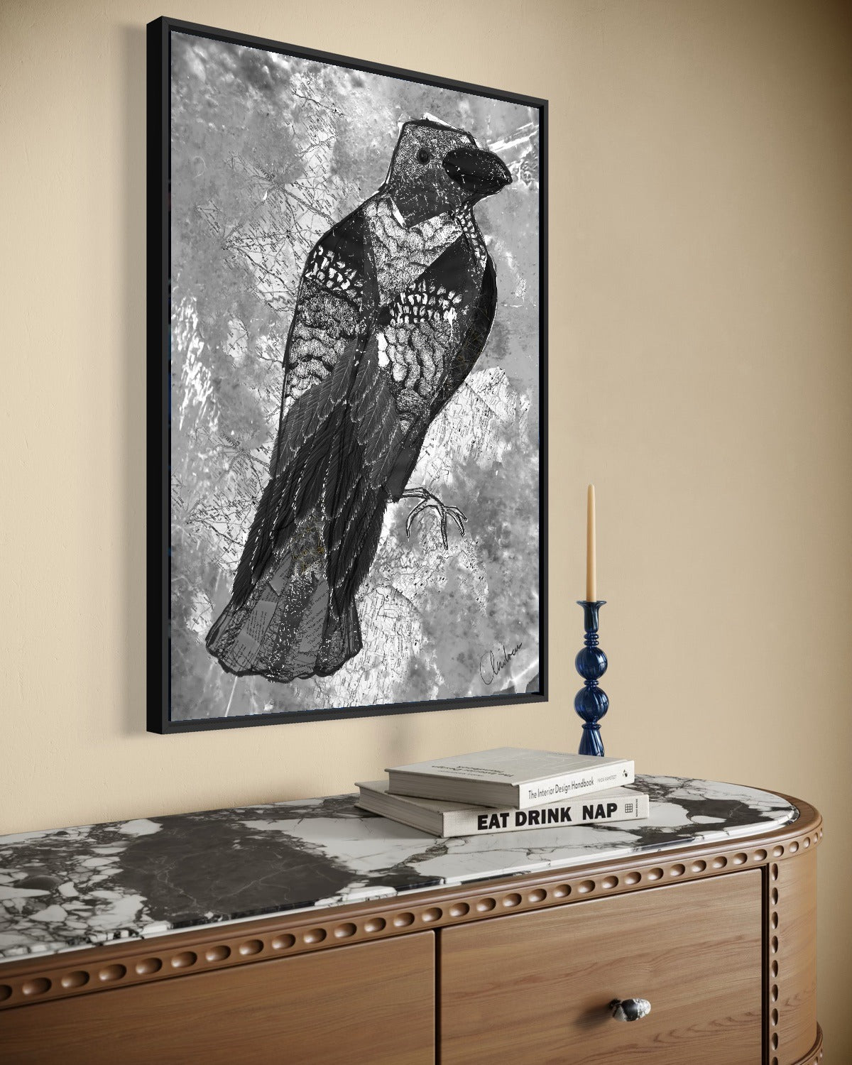 Andrea Nicole 'The Journey to Transformation' fine art canvas in a black tray float frame, shown on the wall in a styled room setting. | an:family=canvas;role=hero;finish=black;scene=black_5