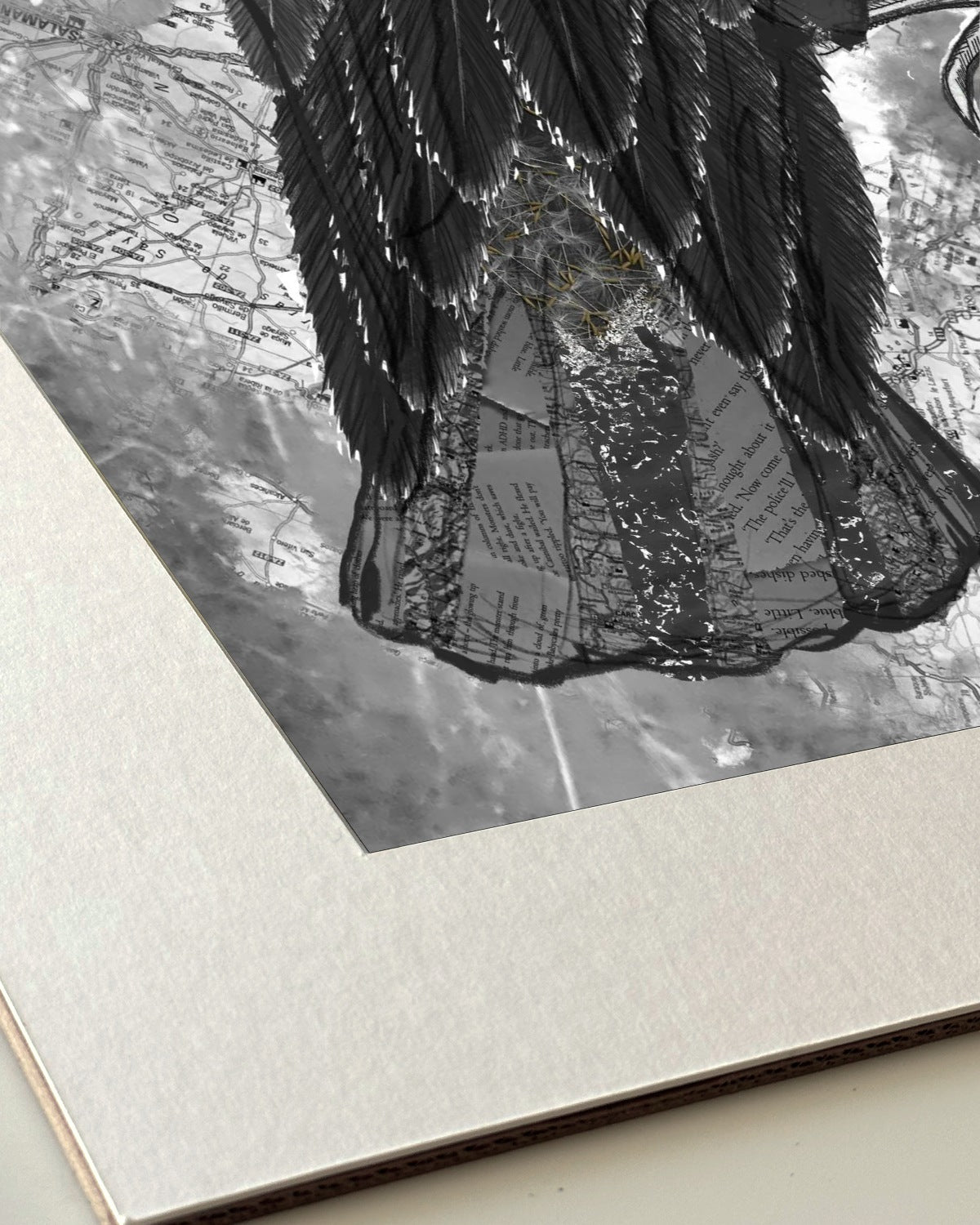 Andrea Nicole 'The Journey to Transformation' giclée fine art print in an off-white window mount, shown corner-on so the bevel-cut window opening, 100% cotton paper and mount board are visible. | an:family=print;role=mount