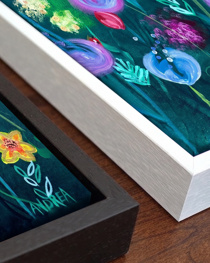 Andrea Nicole 'Things Still Bloomed' gallery canvas in a tray float frame — close detail of the floating edge and frame moulding. | an:family=canvas;role=hero