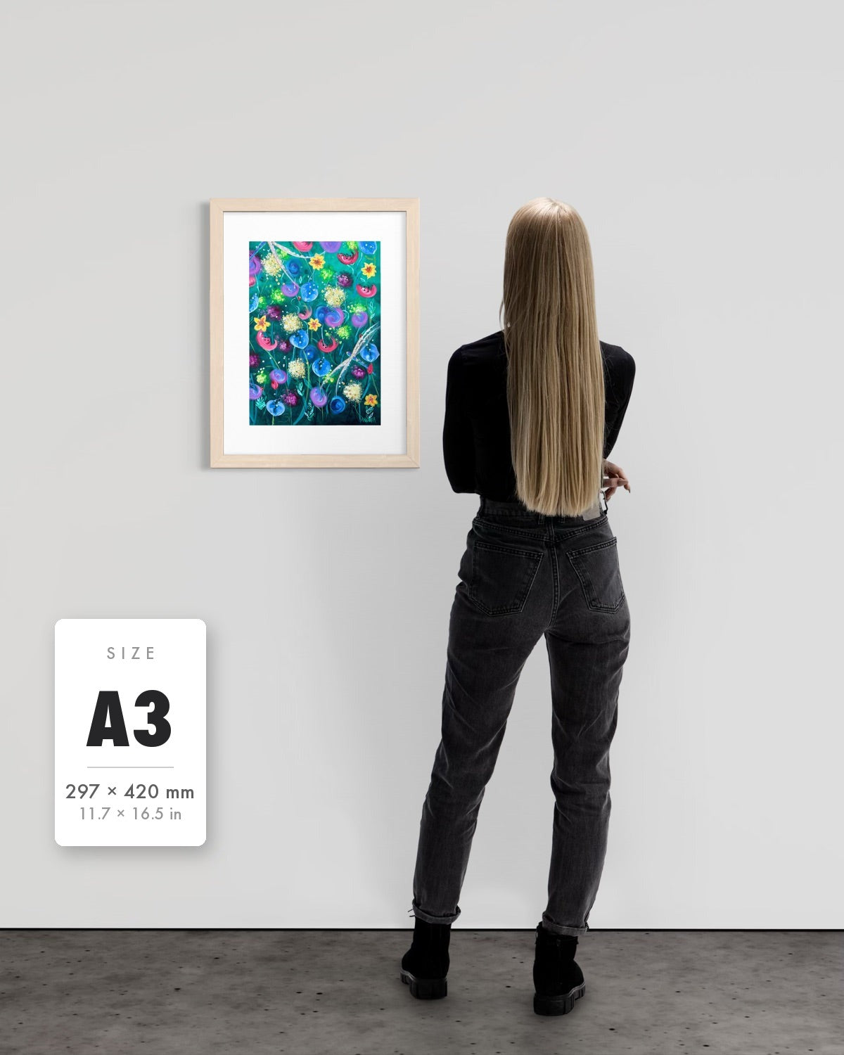 Things Still Bloomed — A3 (297 x 420 mm) natural frame art print shown to scale beside a person, with a size guide card. | an:family=print;role=sizeref;size=A3;finish=natural