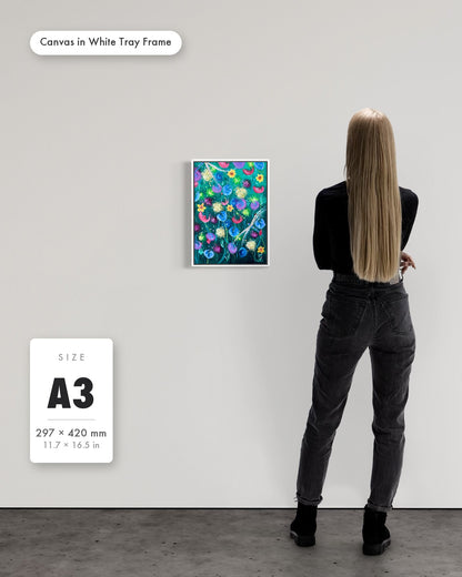 Andrea Nicole 'Things Still Bloomed' fine art canvas in a white tray float frame, A3 — shown to scale on a gallery wall with a size guide card. | an:family=canvas;role=sizeref;size=A3;finish=white