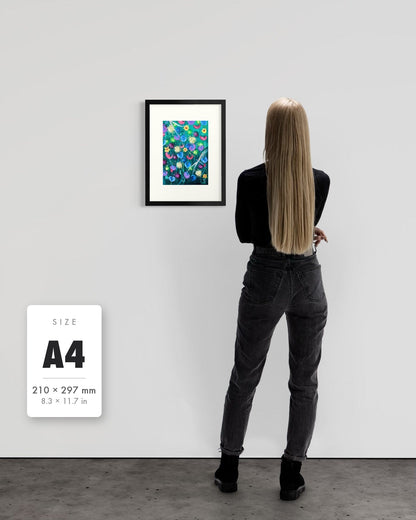 Things Still Bloomed — A4 (210 x 297 mm) black frame art print shown to scale beside a person, with a size guide card. | an:family=print;role=sizeref;size=A4;finish=black