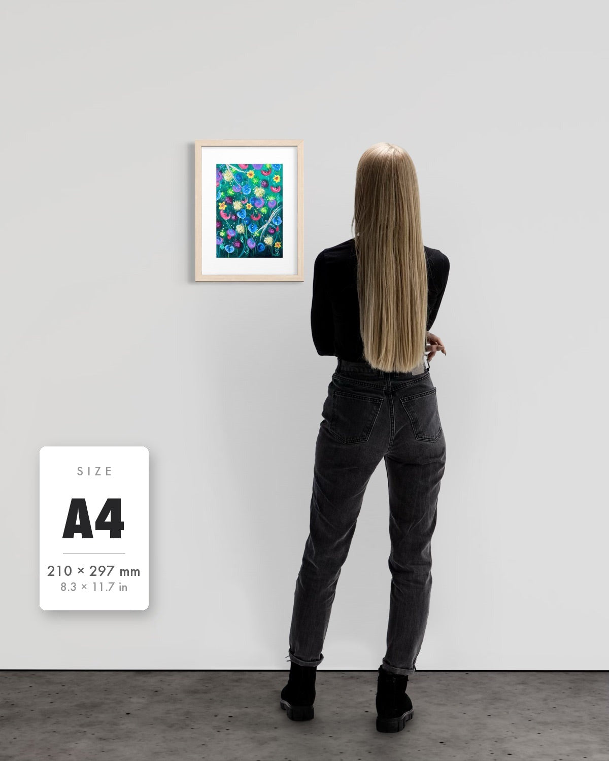 Things Still Bloomed — A4 (210 x 297 mm) natural frame art print shown to scale beside a person, with a size guide card. | an:family=print;role=sizeref;size=A4;finish=natural