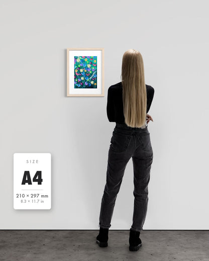 Things Still Bloomed — A4 (210 x 297 mm) natural frame art print shown to scale beside a person, with a size guide card. | an:family=print;role=sizeref;size=A4;finish=natural