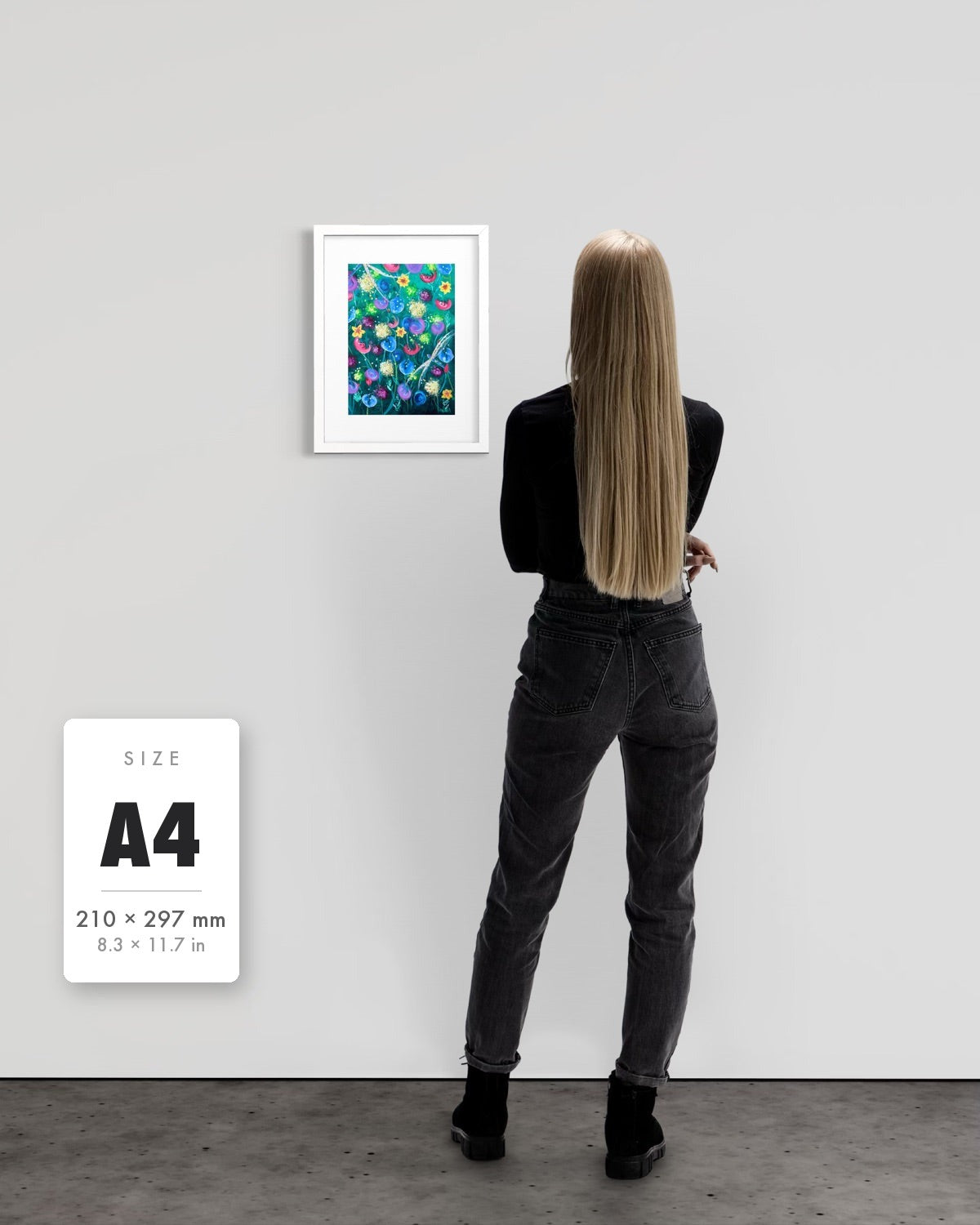Things Still Bloomed — A4 (210 x 297 mm) white frame art print shown to scale beside a person, with a size guide card. | an:family=print;role=sizeref;size=A4;finish=white