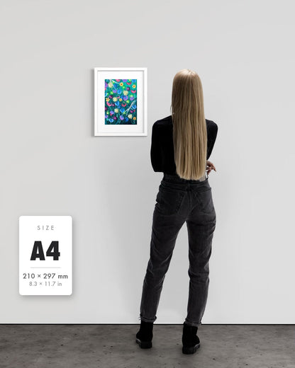 Things Still Bloomed — A4 (210 x 297 mm) white frame art print shown to scale beside a person, with a size guide card. | an:family=print;role=sizeref;size=A4;finish=white