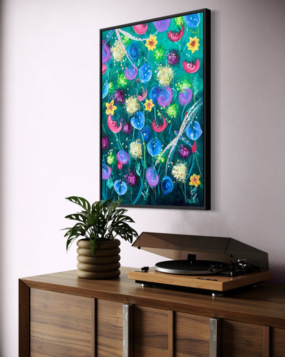 Andrea Nicole 'Things Still Bloomed' fine art canvas in a black tray float frame, shown on the wall in a styled room setting. | an:family=canvas;role=hero;finish=black;scene=black_2