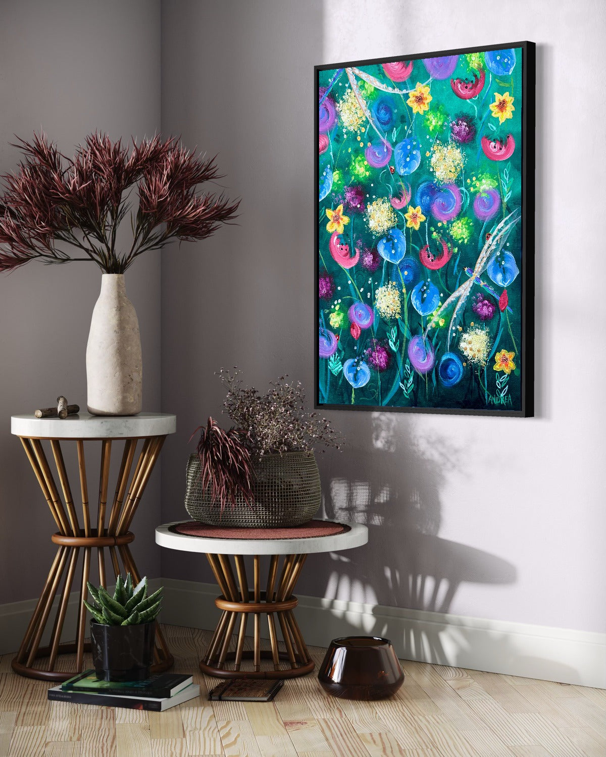 Andrea Nicole 'Things Still Bloomed' fine art canvas in a black tray float frame, shown on the wall in a styled room setting. | an:family=canvas;role=hero;finish=black;scene=black_3