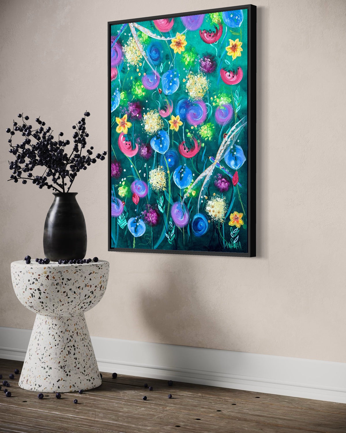 Andrea Nicole 'Things Still Bloomed' fine art canvas in a black tray float frame, shown on the wall in a styled room setting. | an:family=canvas;role=hero;finish=black;scene=black_4