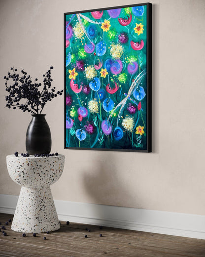 Andrea Nicole 'Things Still Bloomed' fine art canvas in a black tray float frame, shown on the wall in a styled room setting. | an:family=canvas;role=hero;finish=black;scene=black_4