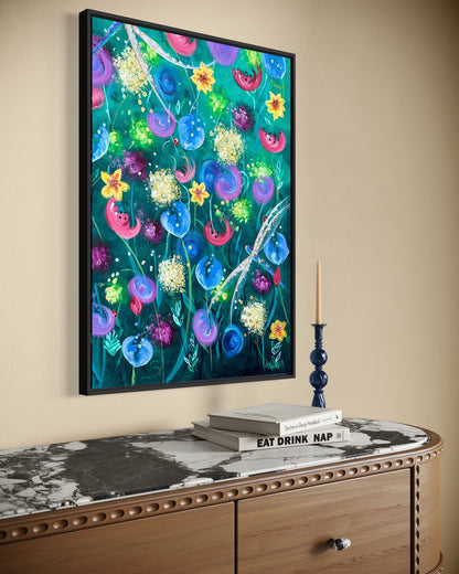 Andrea Nicole 'Things Still Bloomed' fine art canvas in a black tray float frame, shown on the wall in a styled room setting. | an:family=canvas;role=hero;finish=black;scene=black_5