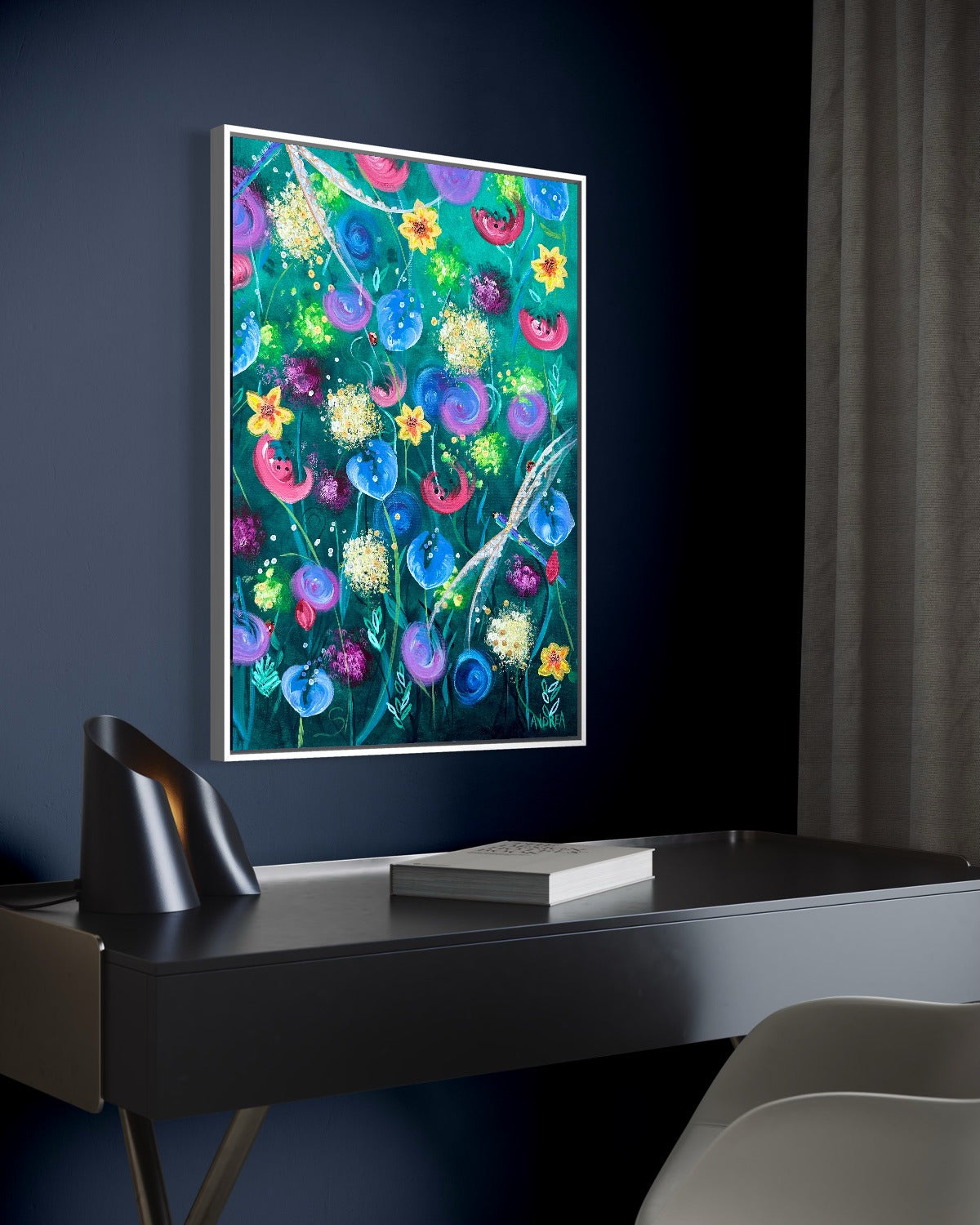 Andrea Nicole 'Things Still Bloomed' fine art canvas in a white tray float frame, shown on the wall in a styled room setting. | an:family=canvas;role=hero;finish=white;scene=white_1