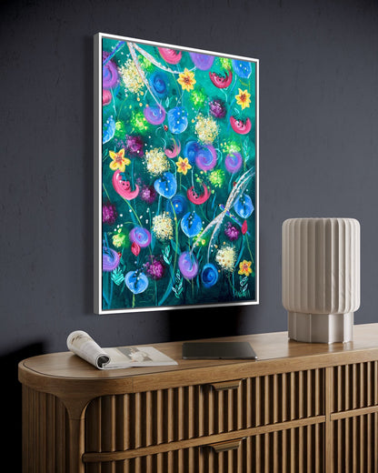 Andrea Nicole 'Things Still Bloomed' fine art canvas in a white tray float frame, shown on the wall in a styled room setting. | an:family=canvas;role=hero;finish=white;scene=white_2