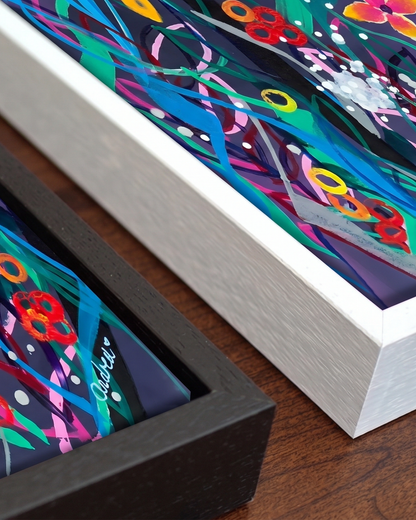 Andrea Nicole 'Twilight' gallery canvas in a tray float frame — close detail of the floating edge and frame moulding. | an:family=canvas;role=hero
