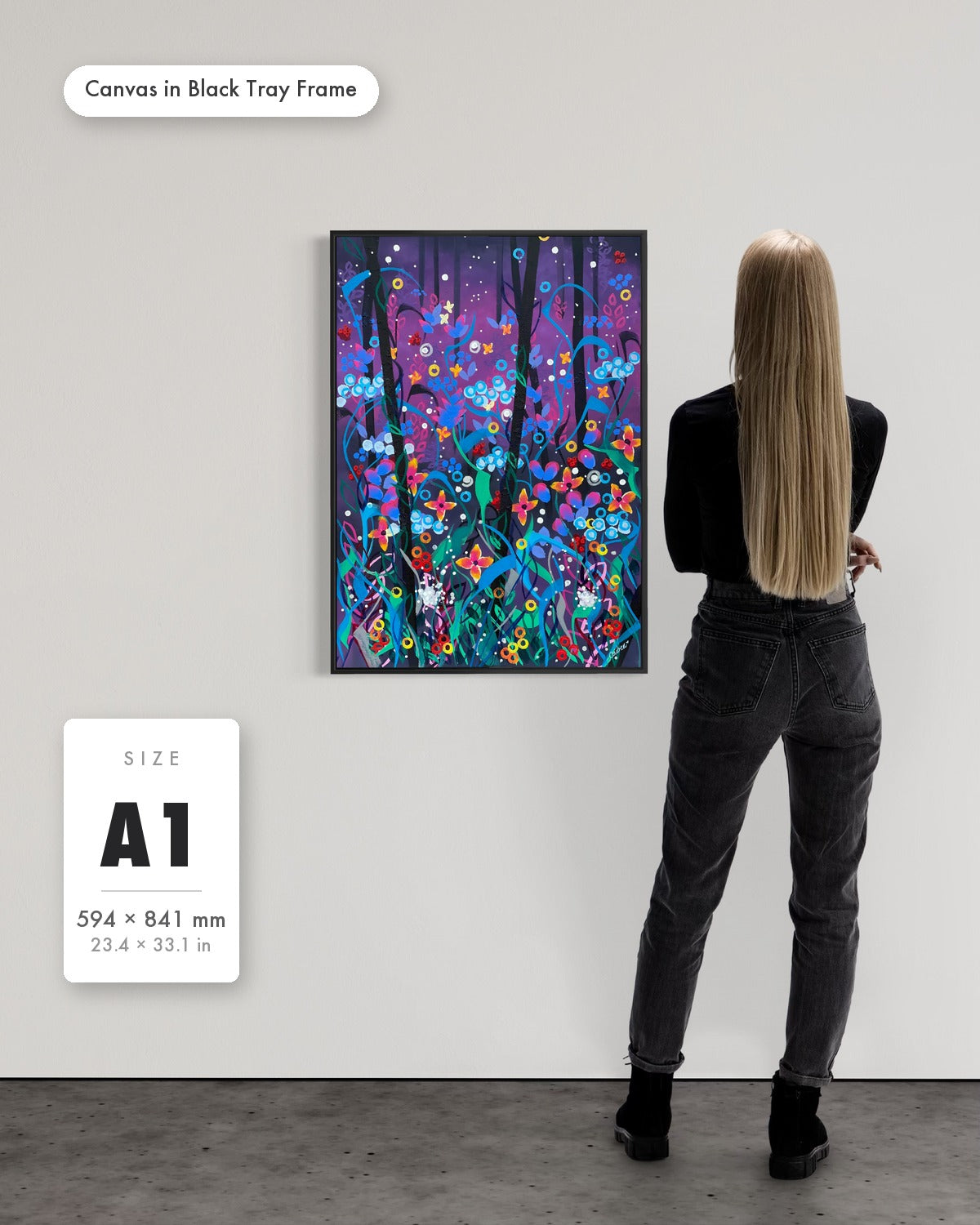 Andrea Nicole 'Twilight' fine art canvas in a black tray float frame, A1 — shown to scale on a gallery wall with a size guide card. | an:family=canvas;role=sizeref;size=A1;finish=black