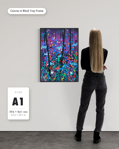 Andrea Nicole 'Twilight' fine art canvas in a black tray float frame, A1 — shown to scale on a gallery wall with a size guide card. | an:family=canvas;role=sizeref;size=A1;finish=black