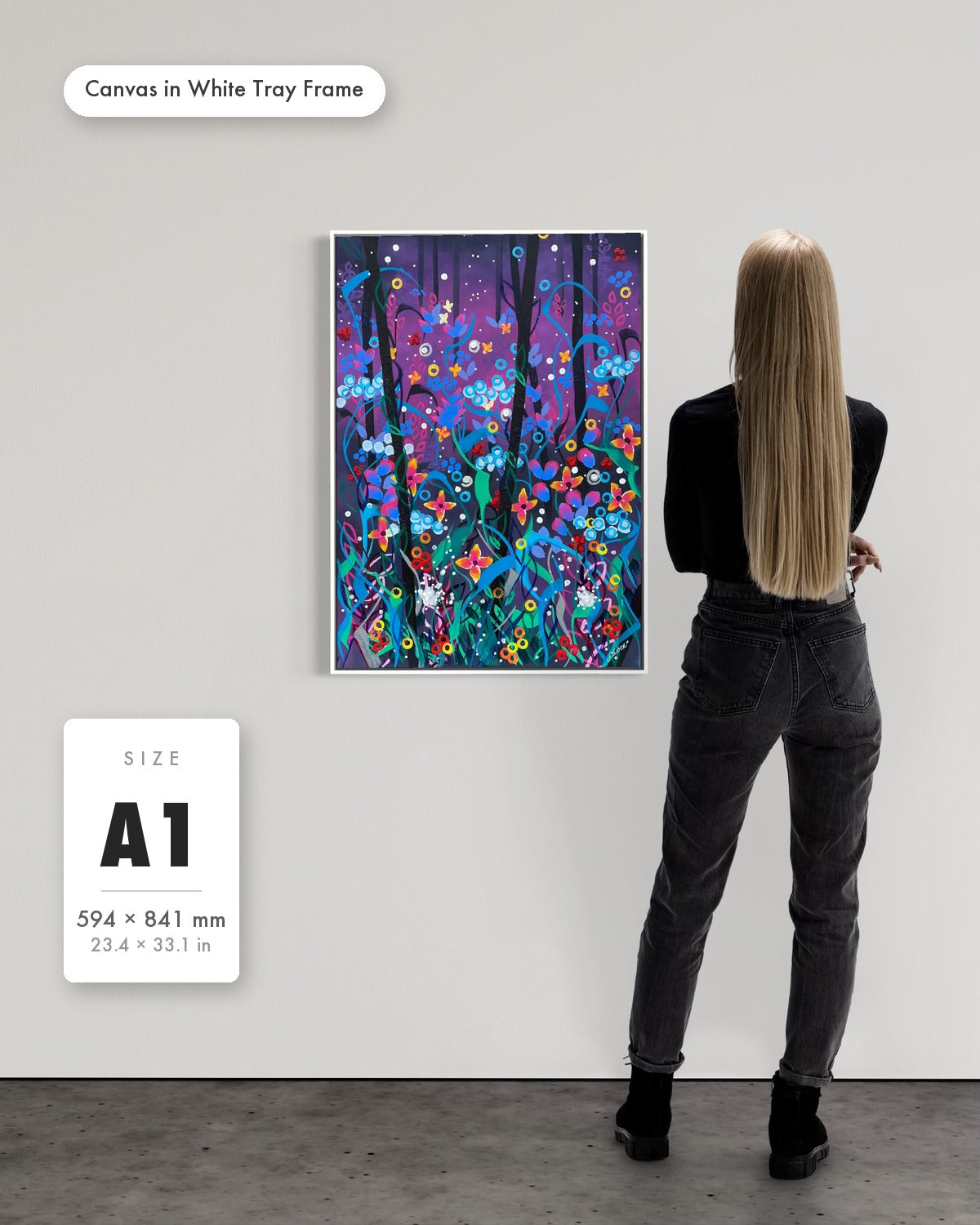Andrea Nicole 'Twilight' fine art canvas in a white tray float frame, A1 — shown to scale on a gallery wall with a size guide card. | an:family=canvas;role=sizeref;size=A1;finish=white
