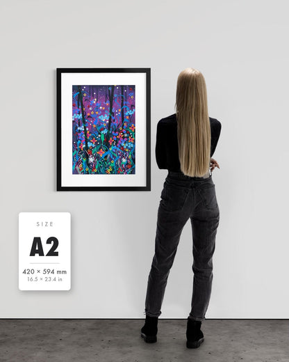 Twilight — A2 (420 x 594 mm) black frame art print shown to scale beside a person, with a size guide card. | an:family=print;role=sizeref;size=A2;finish=black
