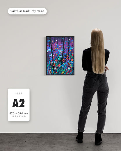 Andrea Nicole 'Twilight' fine art canvas in a black tray float frame, A2 — shown to scale on a gallery wall with a size guide card. | an:family=canvas;role=sizeref;size=A2;finish=black