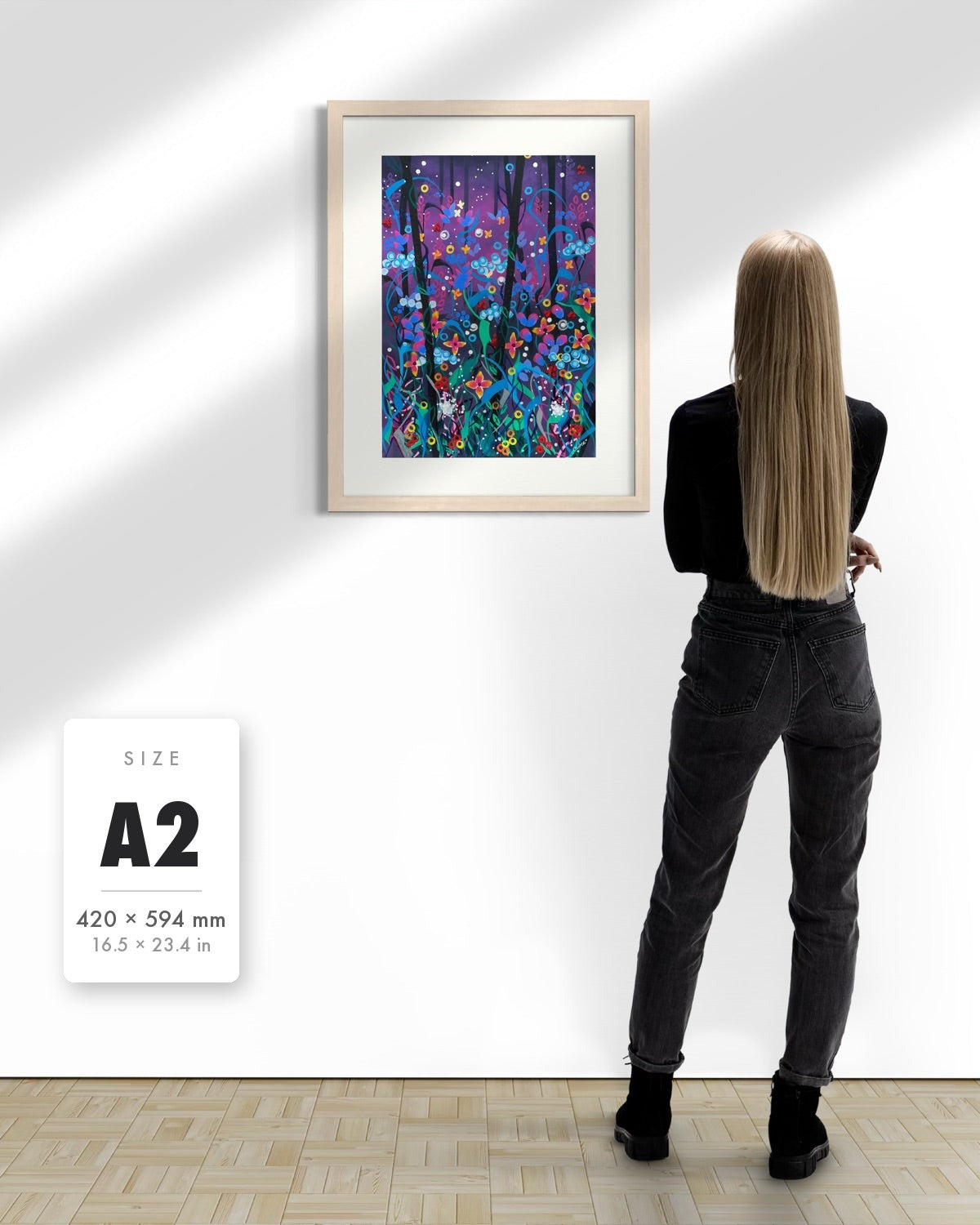 Twilight — A2 (420 x 594 mm) natural frame art print shown to scale beside a person, with a size guide card. | an:family=print;role=sizeref;size=A2;finish=natural