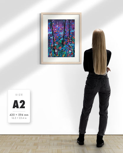 Twilight — A2 (420 x 594 mm) natural frame art print shown to scale beside a person, with a size guide card. | an:family=print;role=sizeref;size=A2;finish=natural