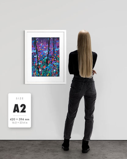 Twilight — A2 (420 x 594 mm) white frame art print shown to scale beside a person, with a size guide card. | an:family=print;role=sizeref;size=A2;finish=white