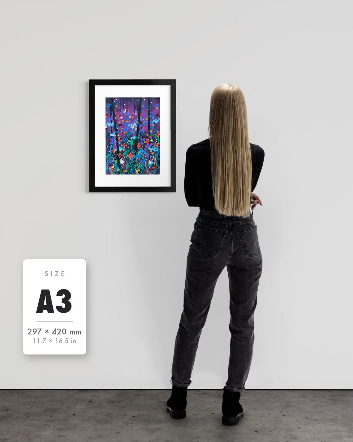 Twilight — A3 (297 x 420 mm) black frame art print shown to scale beside a person, with a size guide card. | an:family=print;role=sizeref;size=A3;finish=black