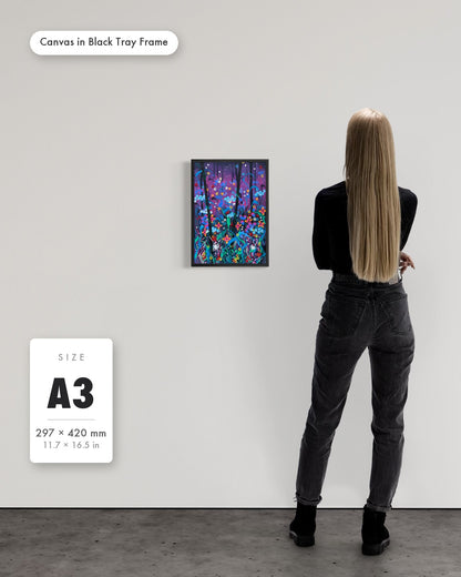 Andrea Nicole 'Twilight' fine art canvas in a black tray float frame, A3 — shown to scale on a gallery wall with a size guide card. | an:family=canvas;role=sizeref;size=A3;finish=black