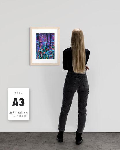 Twilight — A3 (297 x 420 mm) natural frame art print shown to scale beside a person, with a size guide card. | an:family=print;role=sizeref;size=A3;finish=natural