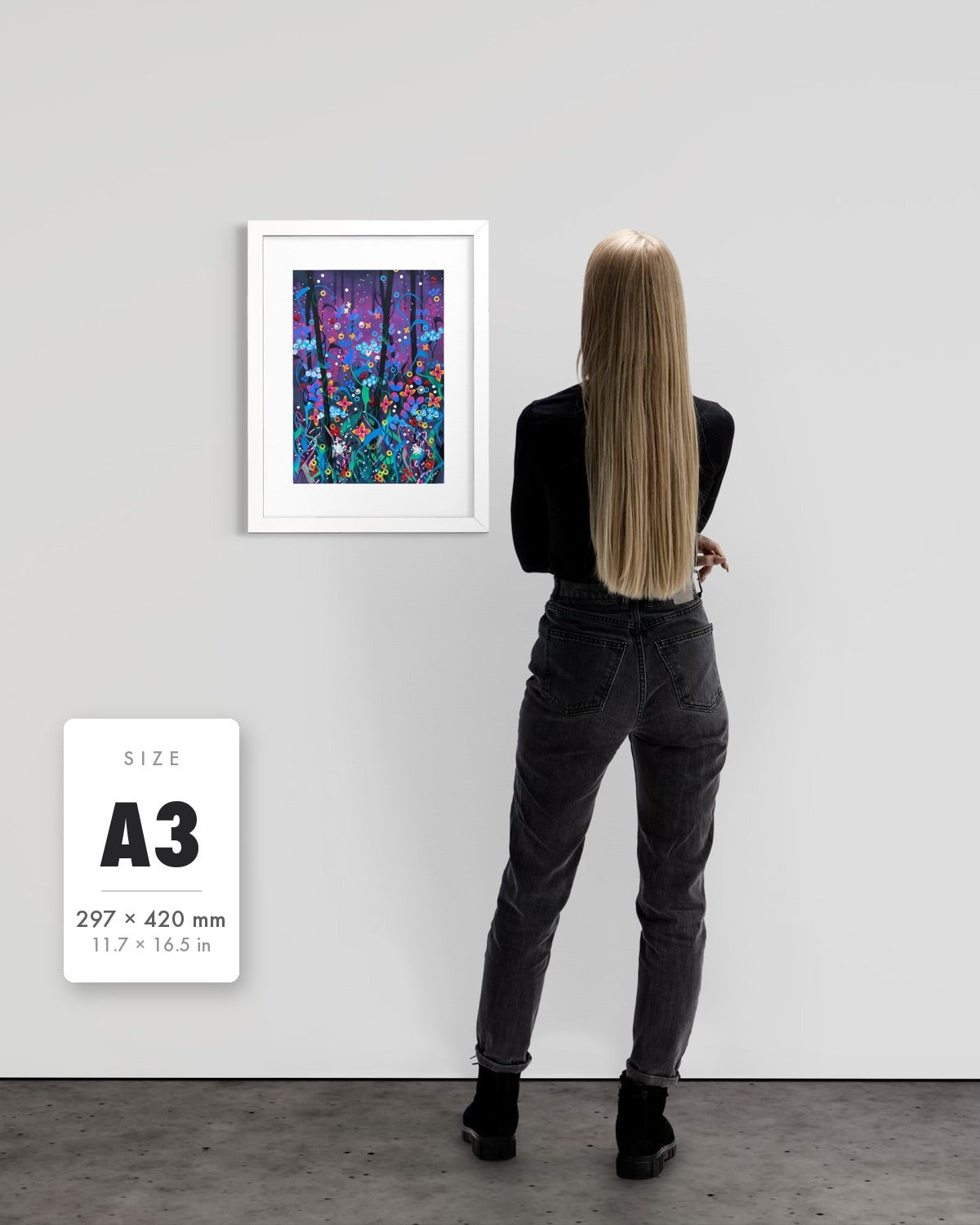 Twilight — A3 (297 x 420 mm) white frame art print shown to scale beside a person, with a size guide card. | an:family=print;role=sizeref;size=A3;finish=white