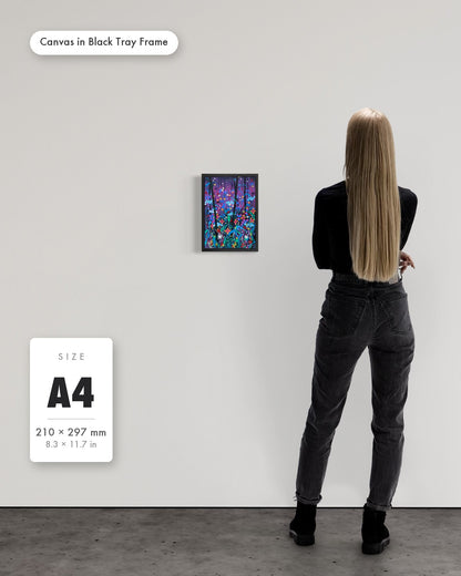 Andrea Nicole 'Twilight' fine art canvas in a black tray float frame, A4 — shown to scale on a gallery wall with a size guide card. | an:family=canvas;role=sizeref;size=A4;finish=black