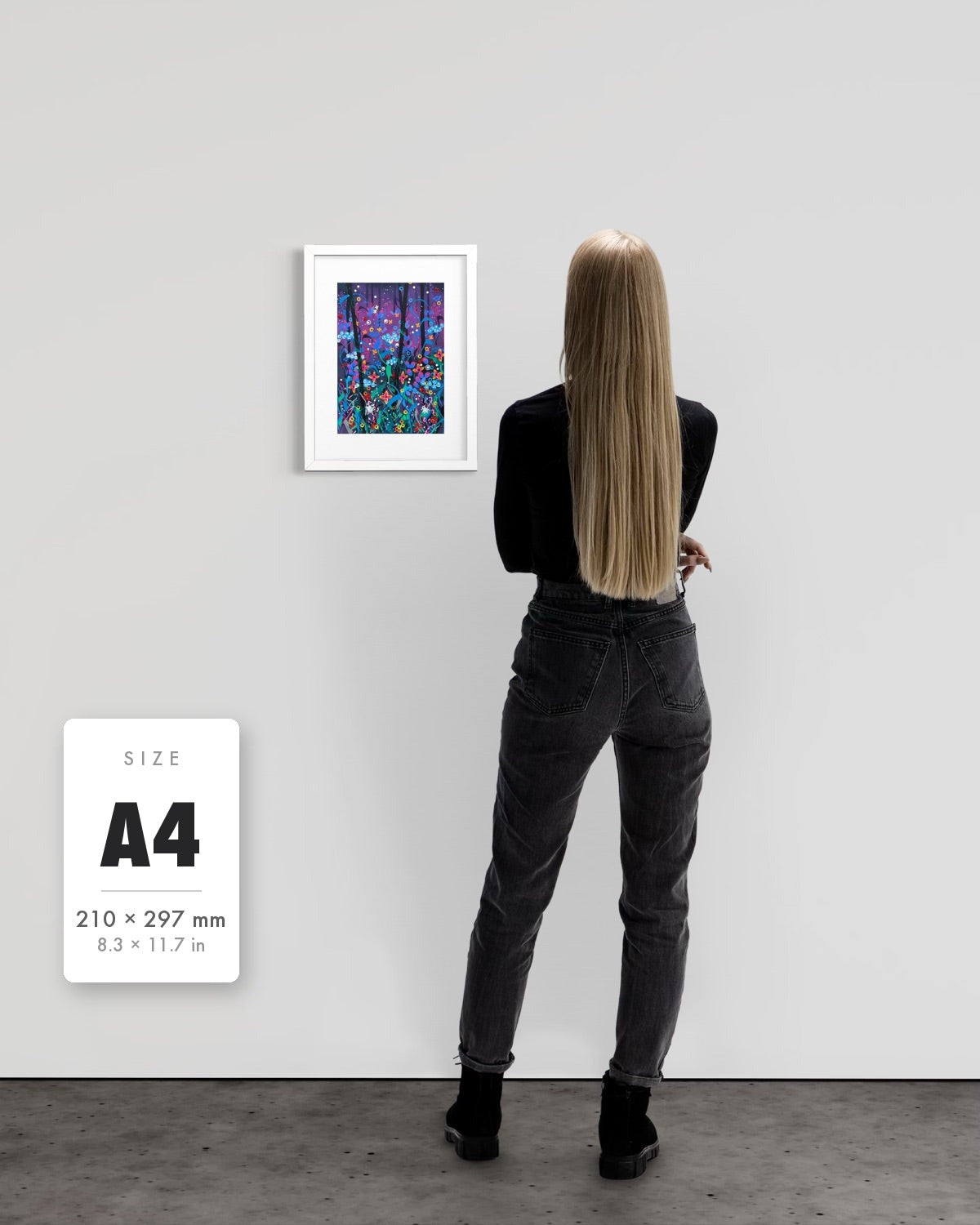 Twilight — A4 (210 x 297 mm) white frame art print shown to scale beside a person, with a size guide card. | an:family=print;role=sizeref;size=A4;finish=white