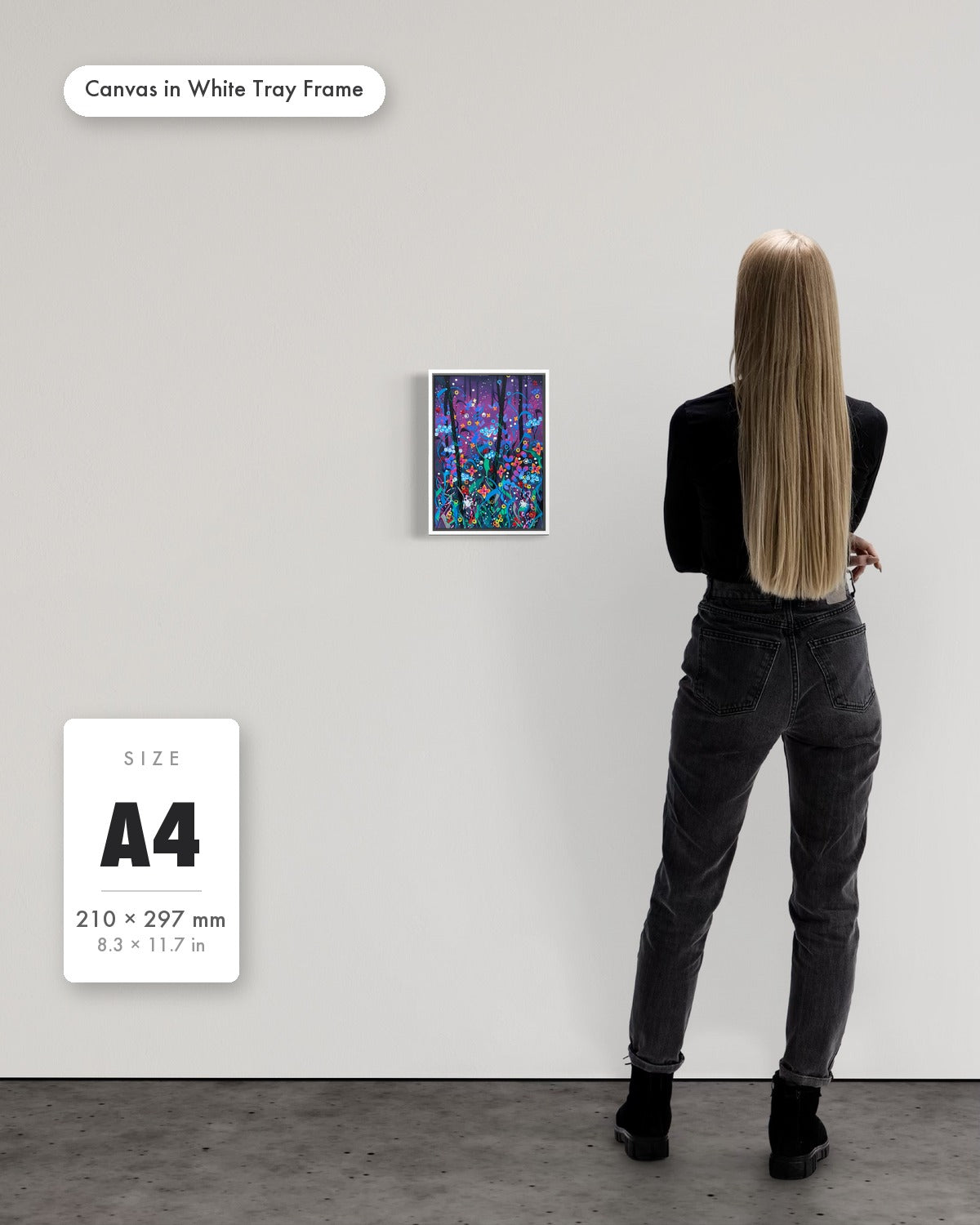 Andrea Nicole 'Twilight' fine art canvas in a white tray float frame, A4 — shown to scale on a gallery wall with a size guide card. | an:family=canvas;role=sizeref;size=A4;finish=white
