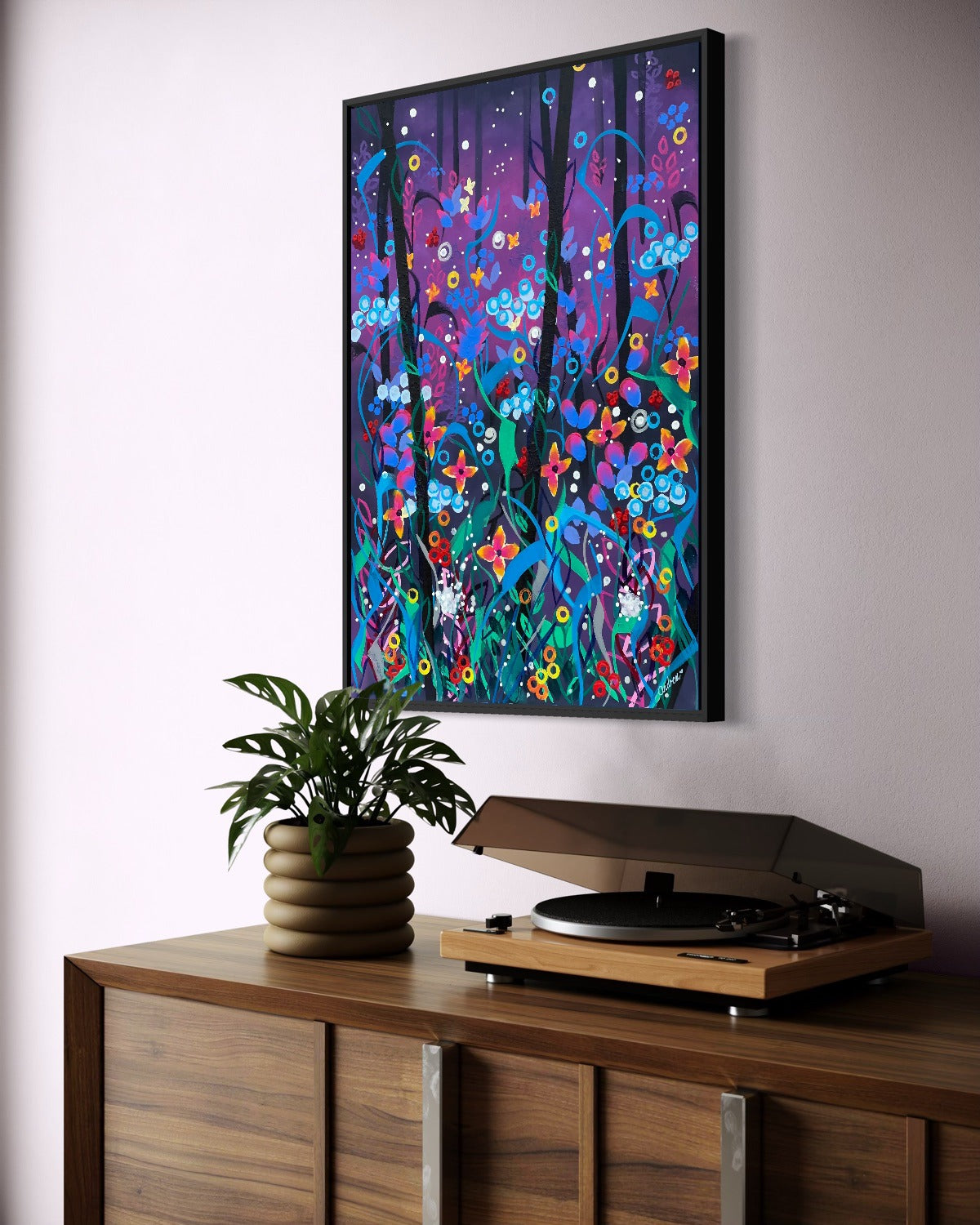 Andrea Nicole 'Twilight' fine art canvas in a black tray float frame, shown on the wall in a styled room setting. | an:family=canvas;role=hero;finish=black;scene=black_2