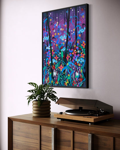 Andrea Nicole 'Twilight' fine art canvas in a black tray float frame, shown on the wall in a styled room setting. | an:family=canvas;role=hero;finish=black;scene=black_2