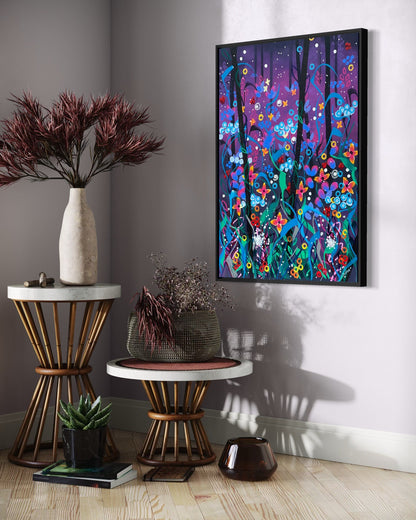 Andrea Nicole 'Twilight' fine art canvas in a black tray float frame, shown on the wall in a styled room setting. | an:family=canvas;role=hero;finish=black;scene=black_3