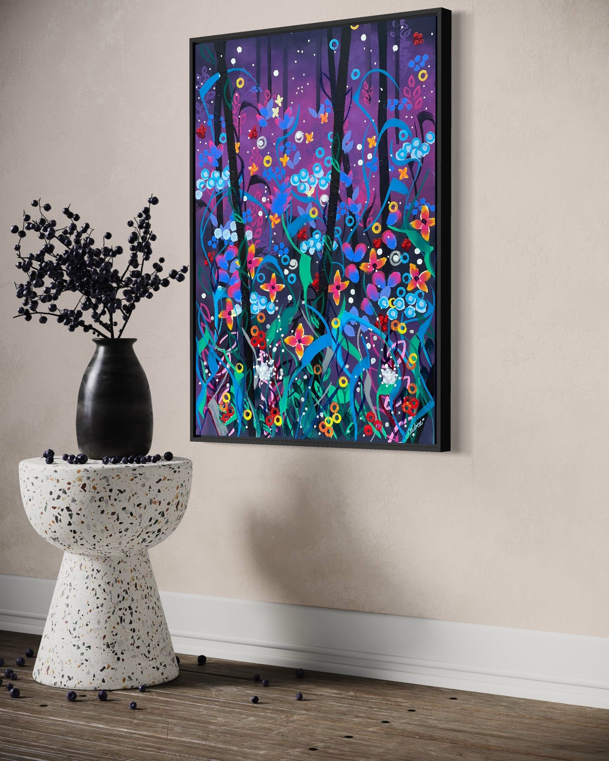 Andrea Nicole 'Twilight' fine art canvas in a black tray float frame, shown on the wall in a styled room setting. | an:family=canvas;role=hero;finish=black;scene=black_4