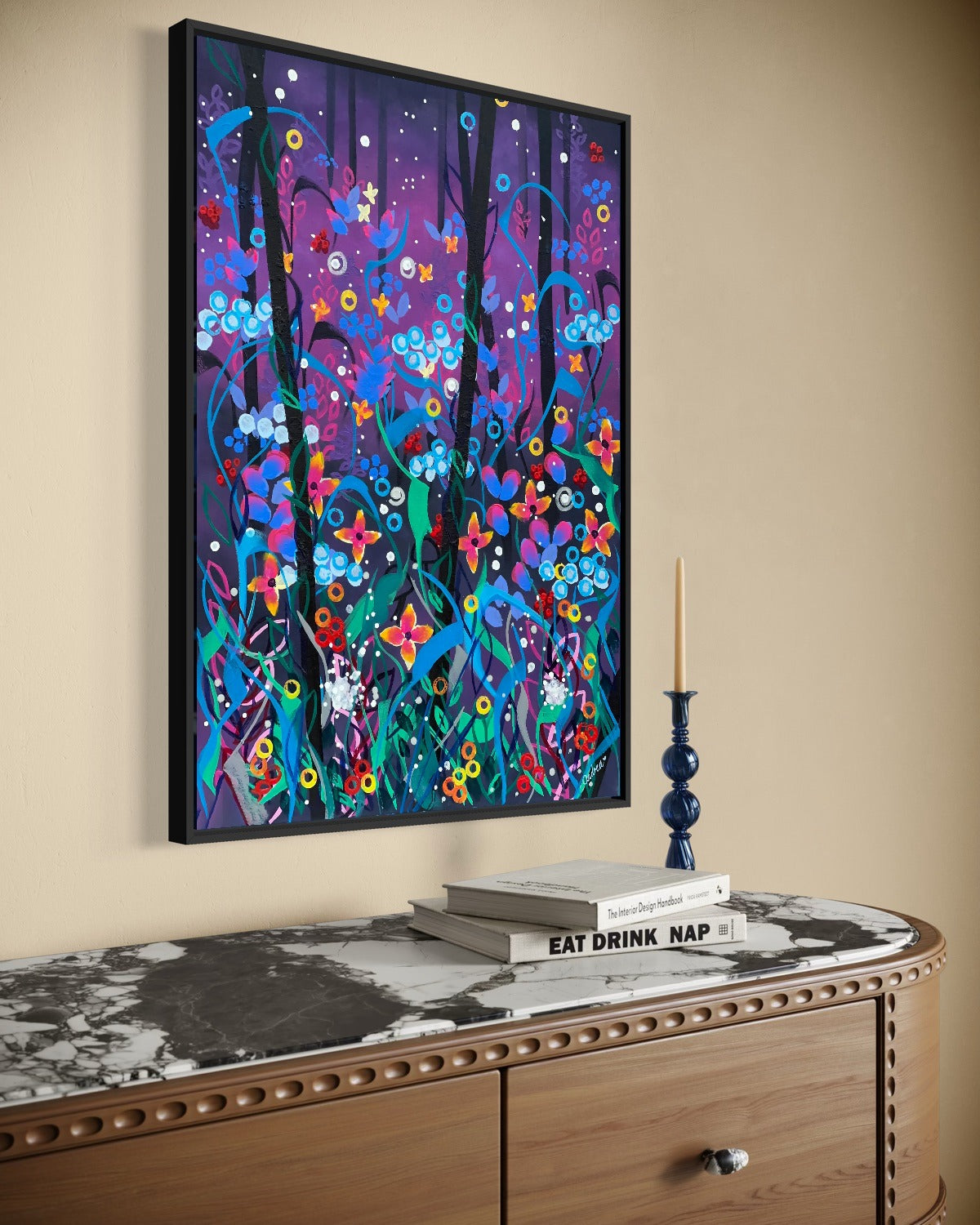 Andrea Nicole 'Twilight' fine art canvas in a black tray float frame, shown on the wall in a styled room setting. | an:family=canvas;role=hero;finish=black;scene=black_5