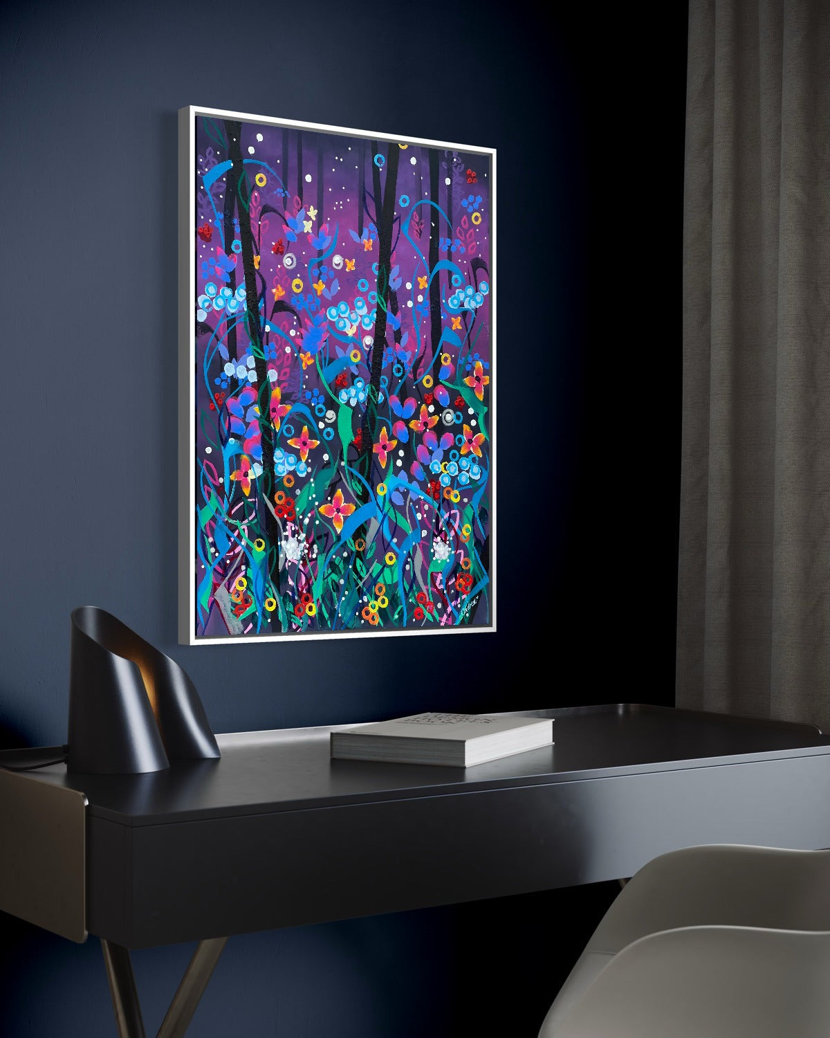 Andrea Nicole 'Twilight' fine art canvas in a white tray float frame, shown on the wall in a styled room setting. | an:family=canvas;role=hero;finish=white;scene=white_1