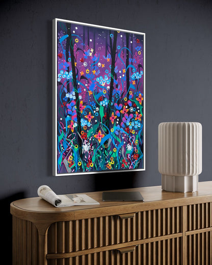 Andrea Nicole 'Twilight' fine art canvas in a white tray float frame, shown on the wall in a styled room setting. | an:family=canvas;role=hero;finish=white;scene=white_2