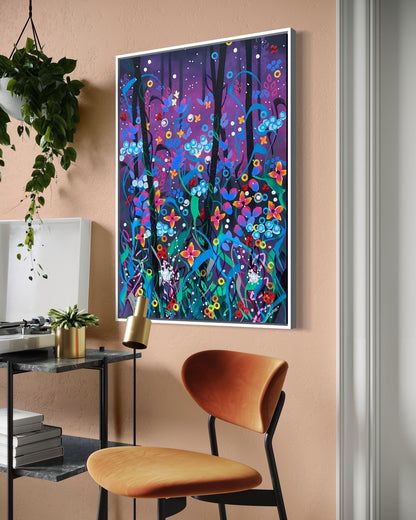 Andrea Nicole 'Twilight' fine art canvas in a white tray float frame, shown on the wall in a styled room setting. | an:family=canvas;role=hero;finish=white;scene=white_3