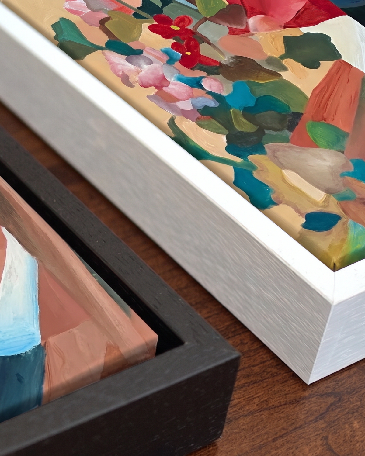 Andrea Nicole 'Waiting For Me' gallery canvas in a tray float frame — close detail of the floating edge and frame moulding. | an:family=canvas;role=hero