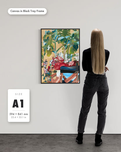 Andrea Nicole 'Waiting For Me' fine art canvas in a black tray float frame, A1 — shown to scale on a gallery wall with a size guide card. | an:family=canvas;role=sizeref;size=A1;finish=black