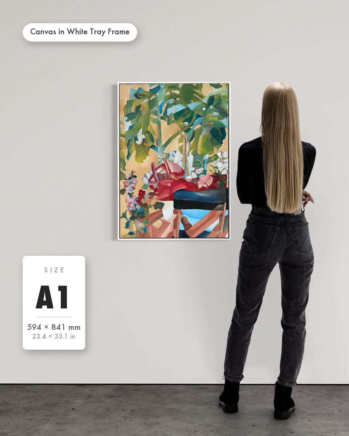 Andrea Nicole 'Waiting For Me' fine art canvas in a white tray float frame, A1 — shown to scale on a gallery wall with a size guide card. | an:family=canvas;role=sizeref;size=A1;finish=white
