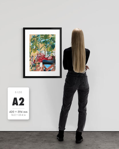 Waiting For Me — A2 (420 x 594 mm) black frame art print shown to scale beside a person, with a size guide card. | an:family=print;role=sizeref;size=A2;finish=black