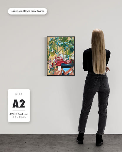Andrea Nicole 'Waiting For Me' fine art canvas in a black tray float frame, A2 — shown to scale on a gallery wall with a size guide card. | an:family=canvas;role=sizeref;size=A2;finish=black