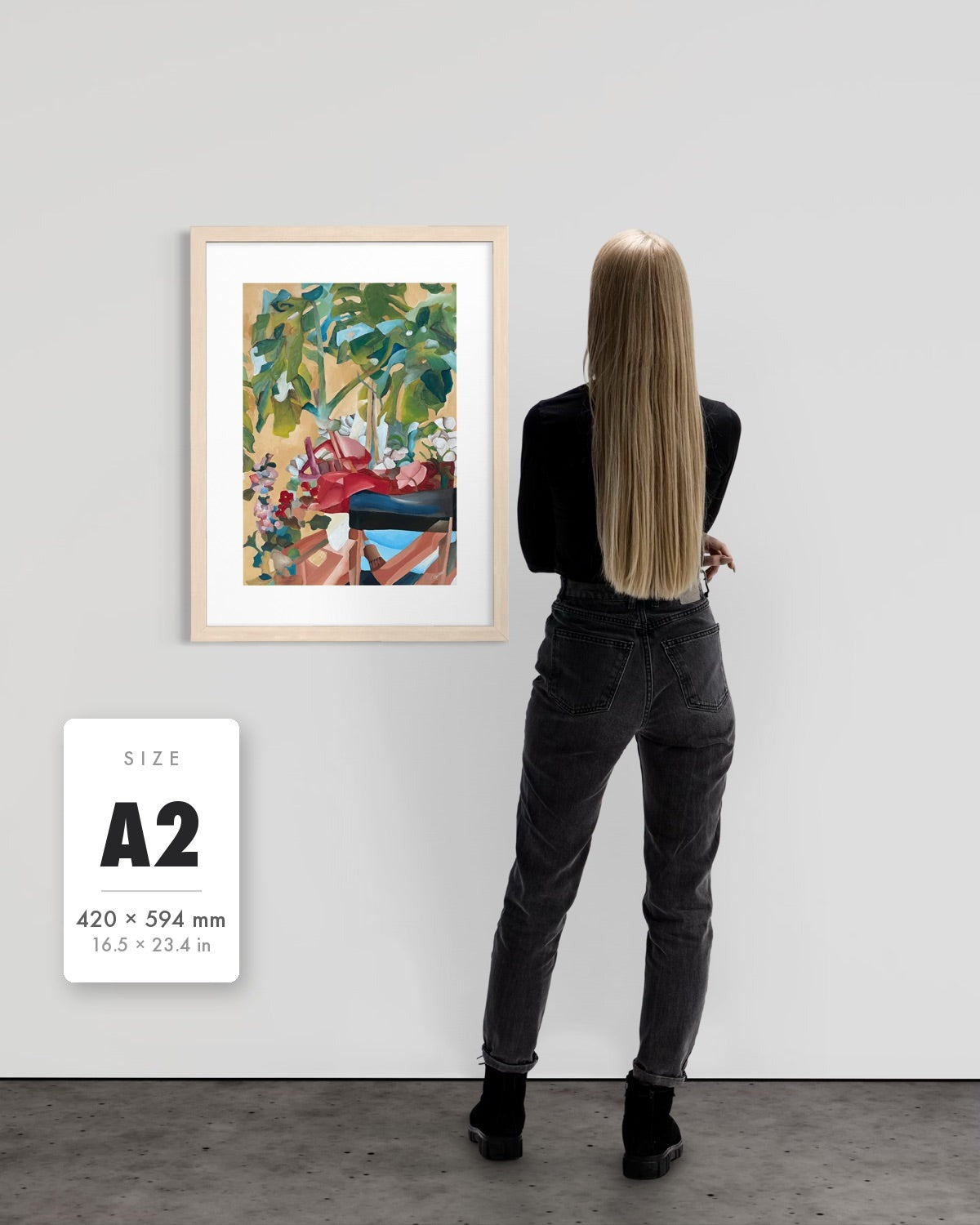 Waiting For Me — A2 (420 x 594 mm) natural frame art print shown to scale beside a person, with a size guide card. | an:family=print;role=sizeref;size=A2;finish=natural