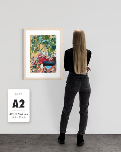 Waiting For Me — A2 (420 x 594 mm) natural frame art print shown to scale beside a person, with a size guide card. | an:family=print;role=sizeref;size=A2;finish=natural