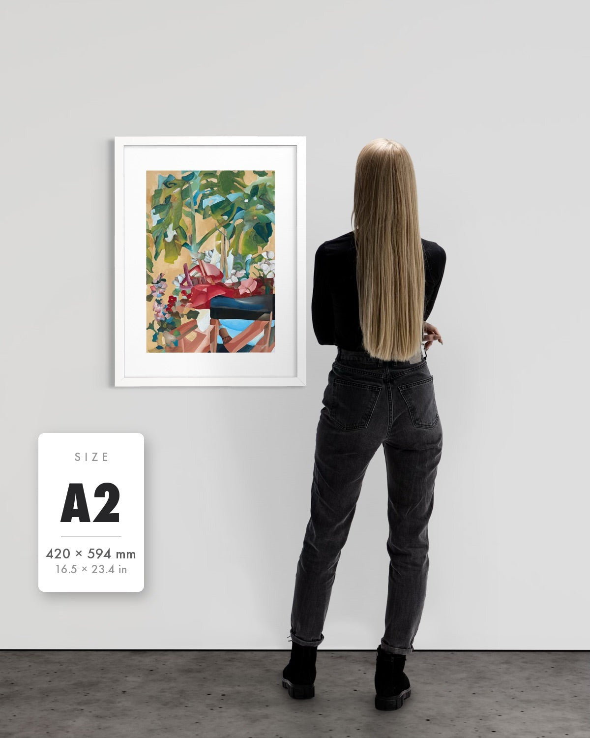Waiting For Me — A2 (420 x 594 mm) white frame art print shown to scale beside a person, with a size guide card. | an:family=print;role=sizeref;size=A2;finish=white