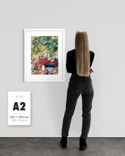 Waiting For Me — A2 (420 x 594 mm) white frame art print shown to scale beside a person, with a size guide card. | an:family=print;role=sizeref;size=A2;finish=white